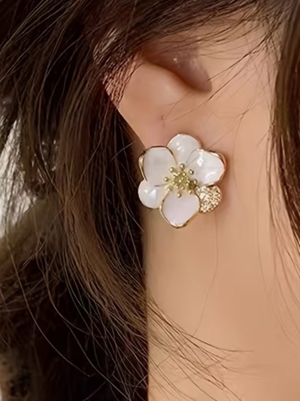 Gold Tone and White Enamel Floral Stud Earrings
